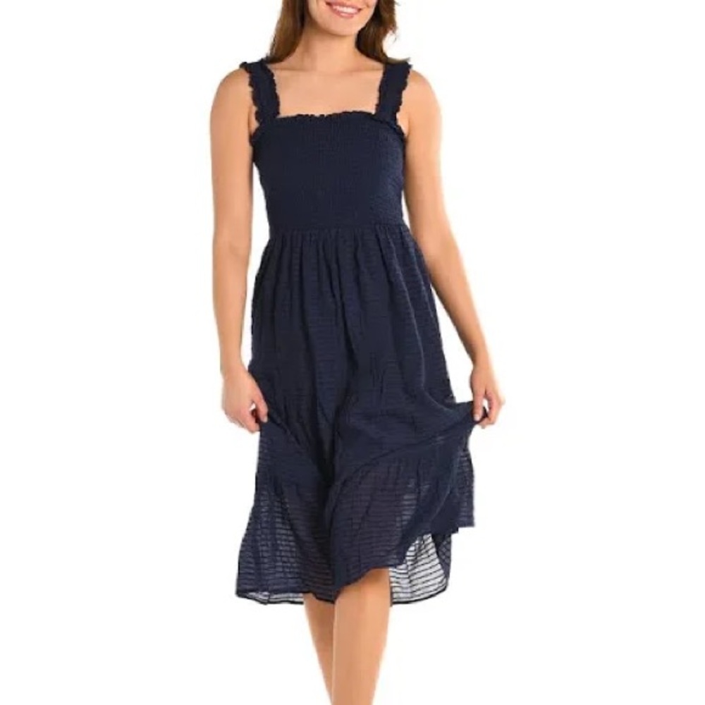 LA BLANCA Shadow Stripe Tiered Midi Dress Indigo Beach Cover Up